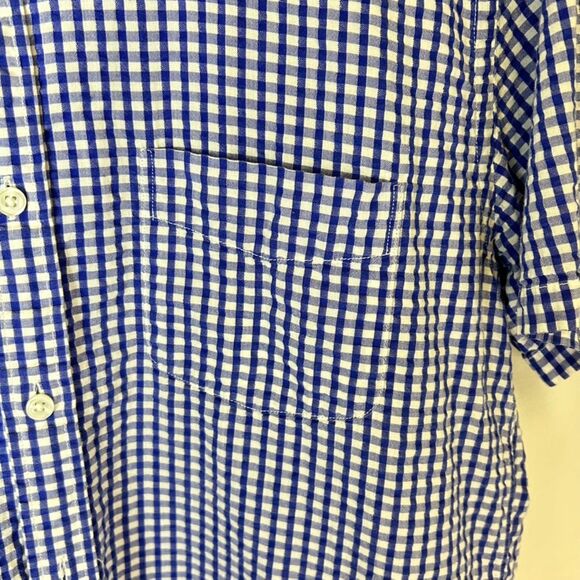 J. Crew Royal Blue White Gingham Check Seersucker SS Buttondown Shirt Sz L - Picture 5 of 12